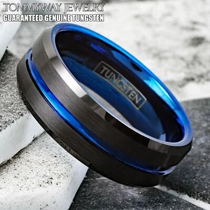 8mm Tungsten Carbide Men's Ring Thin Blue Line Black Brushed Wedding Band - Picture 1 of 12