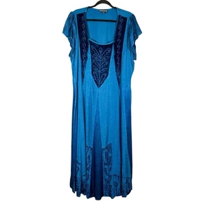 The Pyramid Collection Blue Challis Maxi Dress Satin Soutache Embroidery Sz 1X - Picture 1 of 15