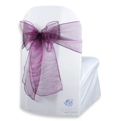 10 pcs Organza Chair Cover Bow Sash 108"x8" - Plum Purple - Wedding Party pe - Image 1 of 4