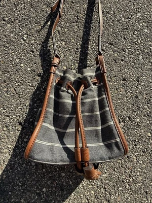 Fossil Claire Charcoal Gray Striped Drawstring Bag Canvas Tassel Crossbody - Image 1 of 4