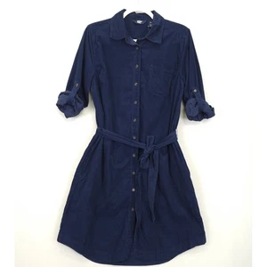 Lands' End Corduroy Shirt Dress Blue Roll Tab Sleeves Belted Pockets Women M - Picture 1 of 13