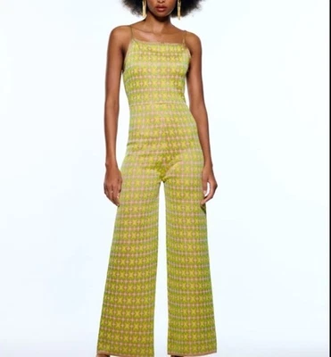 Mono Zara Jacquard Verde Y Rosa Años 70 Tejido Pierna Ancha Talla Mediana Foto 1 de 4