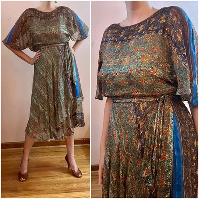 Vintage 70s The Silk Farm Metallic Paisley Flutter Sleeve Layered Boho Dress M - Image 1 of 4