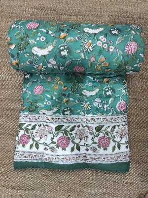 White Indian Famous Jaipuri Razai Cotton Block Print Reversible Quilt / Blanket - Image 1 of 4