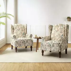 JAYDEN CREATION Accent Chair Upholstered Wingback w/ Spindle Legs (Set of 2) - Picture 1 of 8