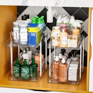 2 Pack Clear Pull-Out Bathroom Organizer 2 Tier Kitchen Shelf with Dividers - Picture 1 of 8