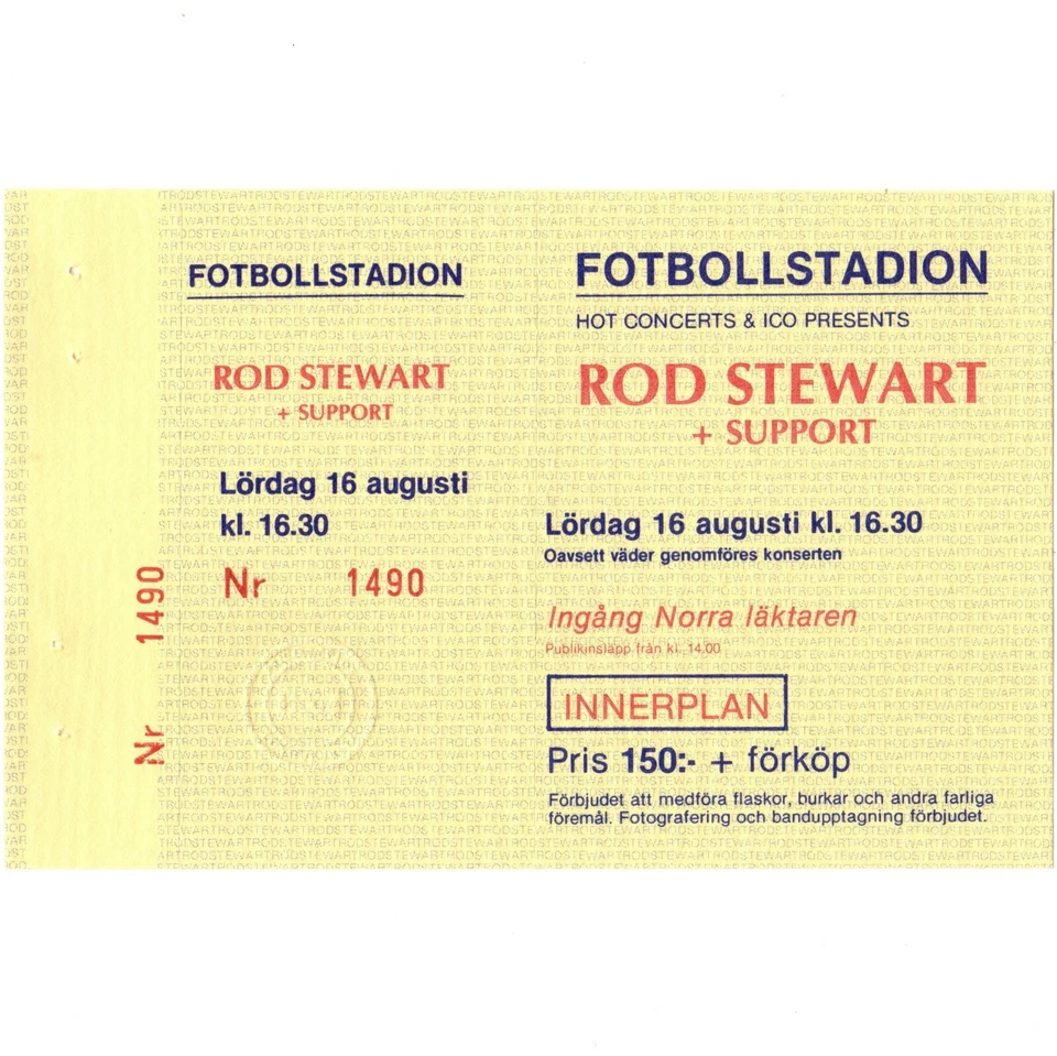 ROD STEWART Full Concert Ticket Stub STOCKHOLM SWEDEN 8/16/86 THE FACES Rare - Image 1 of 1