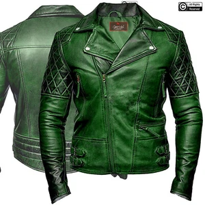 Chaqueta de Cuero de Calidad Genuina de Calidad Genuina para Hombre Verde Clásica Motociclista Vintage Estilo Macho - Imagen 1 de 10