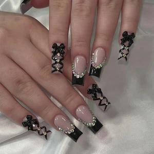24Pcs Black French Press on Medium Square Bow Tie False Nails - Rhinestones Desi - Picture 1 of 6
