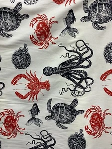 WHITE RED NAVY BLUE SEA ANIMALS PRINTED 100% COTTON CANVAS FABRIC (60 in.) BTY - Picture 1 of 4