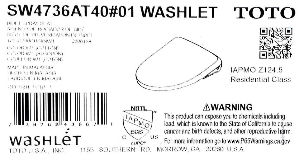 TOTO SW4736AT40-01 WASHLET+ Electronic Bidet Toilet Seat (Elongated, White)