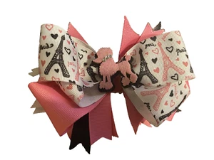 Eiffel Tower Inspired Hair Bow for girls with pink poodle, rhinestones new pink - Picture 1 of 2