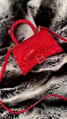 Exclusive Balenciaga Suede Calfskin XS Hourglass RED Crystal Rhinestones Bag - Image 1 of 4