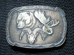ALASKA BEAR MOOSE RAM DALL SHEEP HUNTING BELT BUCKLE! VINTAGE! RARE! 1980s! USA! - Picture 1 of 10