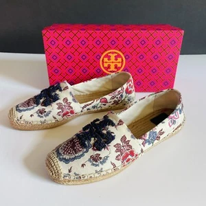 Tory Burch ELISA LOGO FLAT ESPADRILLES Happy Times Perfect Navy Embroidered 10 - Picture 1 of 8