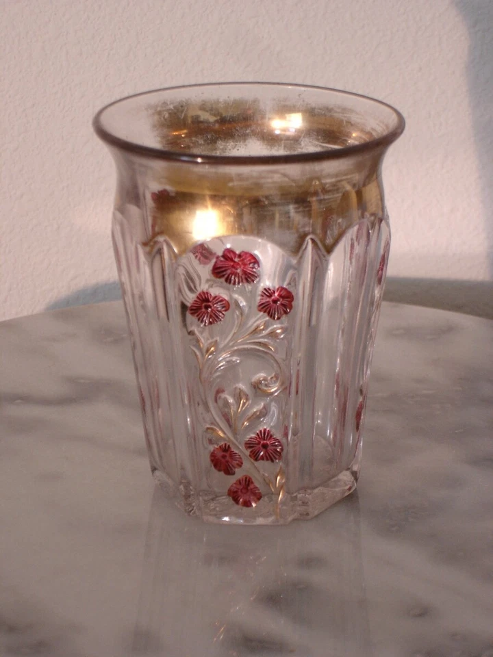 EAPG Indiana Glass No 126 Paneled Heather Tumbler Gold and Ruby Stained - Image 1 of 1
