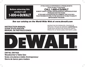 Dewalt Table Saw Instruction Manual Model #DW746-DW746X - Bild 1 von 1
