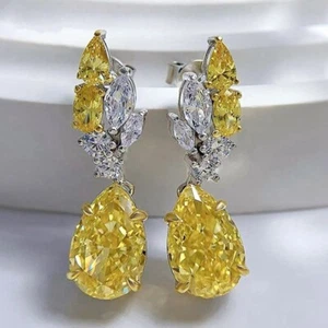 10 Ctw Pear Cut Drop Dangle Yellow Diamond Earrings Solid 925 Silver Simulated - Picture 1 of 6