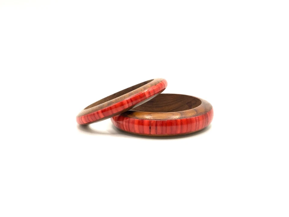Lot of 2 Red Coral Inlay Wood Bangle Bracelet Chunky Boho Hippie Statement Retro - Image 1 of 4