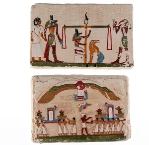Zwei Repliken altägyptische Geschichte Tafeln handbemalt Gips Wandrelief 6x4" - Bild 1 von 24
