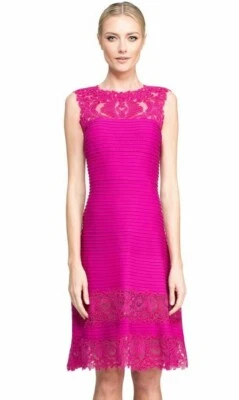 Vestido de cóctel rosa roseta jersey pintuck encaje con cordón ilusión Tadashi Shoji Illusion Foto 1 de 4