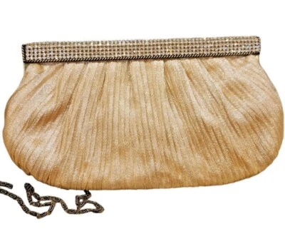 Carlo Fellini Gold Shimmer Clutch Purse W/ Chain Strap & Rhinestone Top - Image 1 of 4