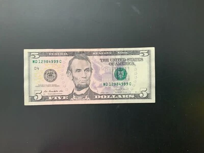2013 $5 DOLLAR BILL MD12984999C overink on the serial# - Image 1 of 4