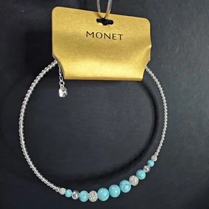 MONET SLIVER TONE BEAD NECKLACE W/ Faux Diamonds & Turquoise Beads ~ Beautiful! - Picture 1 of 8