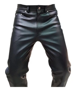 Mens Biker Jeans Real Black Cow Leather Sleek And Sexy 501 Style Pants New - Picture 1 of 5