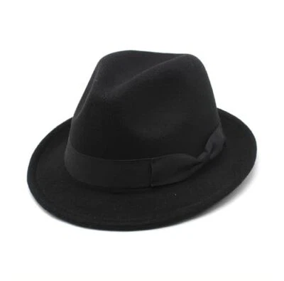 Para Hombres Manhattan Fedora Sombrero Fieltro Trilby Fedora Sombrero Ala Corta Fedora Sombrero (Negro)  Foto 1 de 4