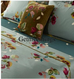 Yves Delorme Eaux Queen Spannbettlaken weiße Blütenblätter botanische Blätter blauer Satin - Bild 1 von 19
