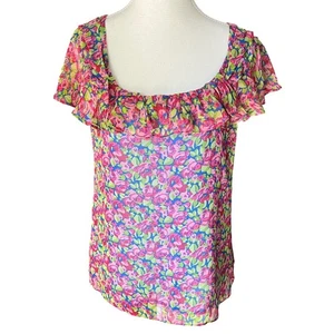 Top Roseta Nannette Lepore Talla 6 Azul Eléctrico Floral 100% Seda Volantes - Imagen 1 de 8