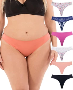 Sexy Lace Floral Thongs for Women - 6 Pack Seamless No-Show Underwear - Picture 1 of 12