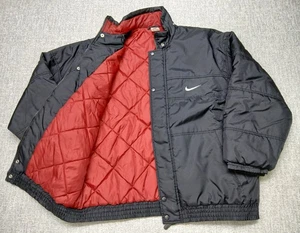 VTG Rare Black NIKE Puffer Jacket Nylon 90s Style Y2K Red NIKE Embroidery Size L - Picture 1 of 20