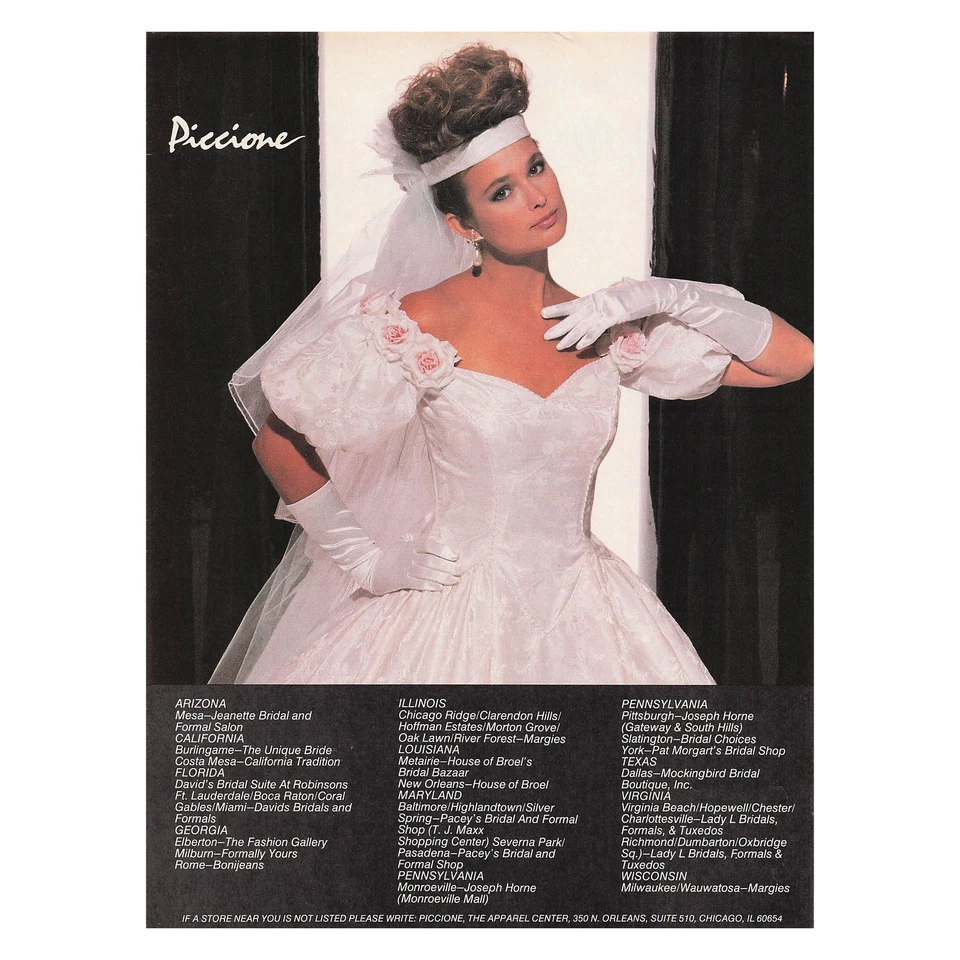 1980s Piccione Wedding Dress Bridal Gown 1987 Vintage Magazine Print Ad - Image 1 of 1