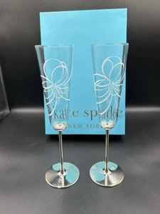 Kate Spade Lenox Belle Boulevard Silver Plate Glass Flute Pair Original Box - Picture 1 of 19