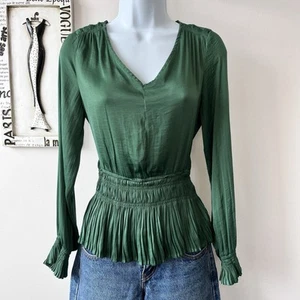 Philosophy Green Satin Pleated V-neck Peplum Top Blouse Size S - Picture 1 of 12