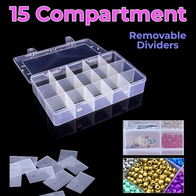 15 Compartment Clear Plastic Storage Box Organizer Case Jewellery Beads Screws - Image 1 of 4