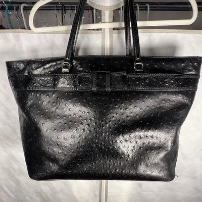 Kate Spade Harmony Valencia Road 鸵鸟纹理皮革托特包蝴蝶结黑色 — 第 1/4 张图片