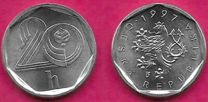 CZECH REP 20 HALERU 1997 UNC CROWNED CZECH LION LEFT,DATE ABOVE,LINDEN LEAF WITH - Picture 1 of 1
