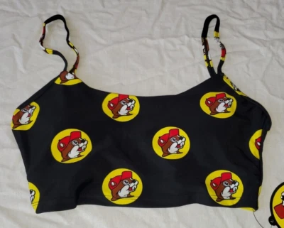 Top de bikini para mujer BUC-EE'S MEDIANO Buc-ee negro y rojo estampado por todas partes nuevo Foto 1 de 2