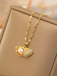 Collana con ciondolo catena conchiglia oro lusso diamante-accento gioielli velluto regalo - Foto 1 di 13