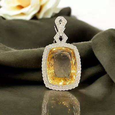 Pave 49.66 Cts Round Brilliant Cut Natural Diamonds Citrine Pendant in 18K Gold - Image 1 of 4