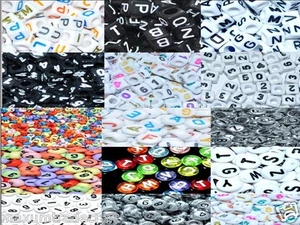 100 Piatto Rotondo/Cubo Alfabeti/Lettere & Numeri Acrilico Perline 6,7,8, 10mm - Picture 1 of 42