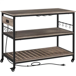 Kitchen Island on Wheels with 3 Storage Shelves Rolling Kitchen Cart Taupe Wood - Picture 1 of 12