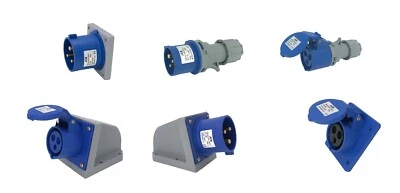 240V 32AMP 3PIN BLUE SITE INDUSTRIAL PLUGS SOCKETS MALE / FEMALE IP44 SLASHPROOF - Image 1 of 4