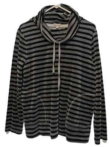 T by Talbots Gray Velour Black Striped Sweatshirt Cowl Neck Drawstring Pockets L - Picture 1 of 18