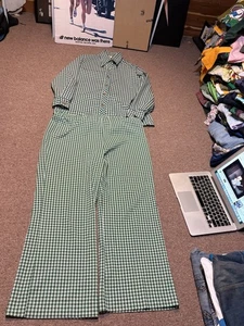 Pantaloni e bottoni vintage anni 70 stampa quadri bianchi e verdi 2 pezzi - Foto 1 di 17