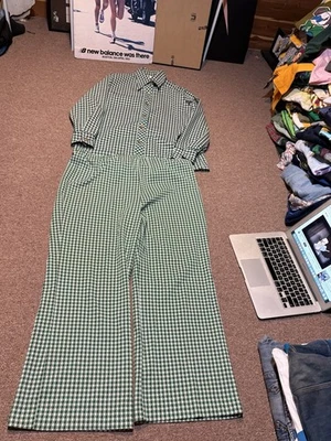 Pantalones y botones vintage años 70 estampado a cuadros blanco y verde 2 piezas Foto 1 de 4