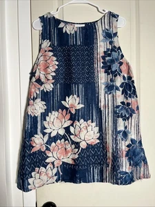 J. Jill Pure Jill 100% Linen Sleeveless Tunic Top Large Blue Pink Lotus Flower - Picture 1 of 13